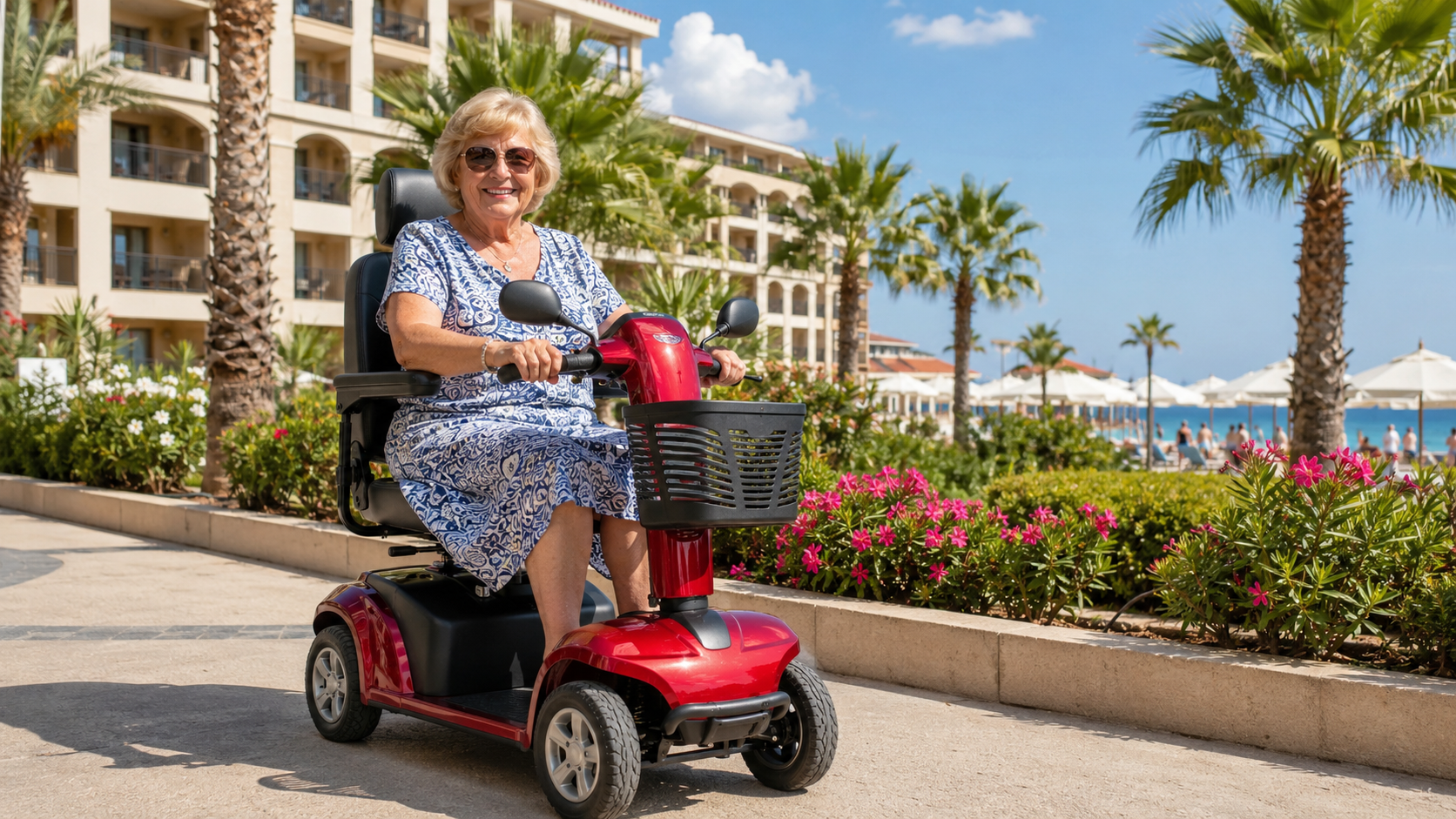 Person using a mobility scooter outdoors on holiday