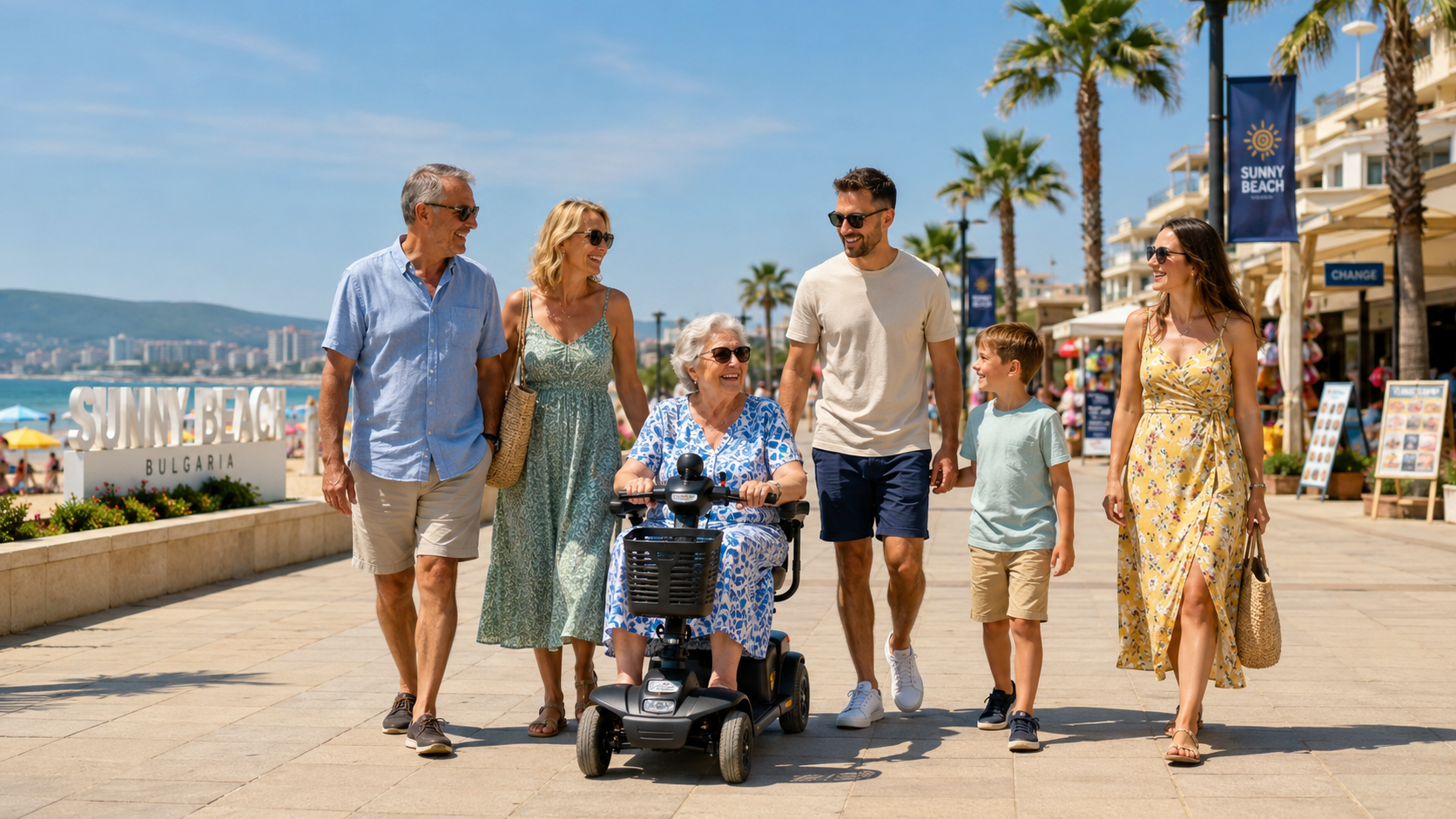 Family with a mobility scooter on holiday